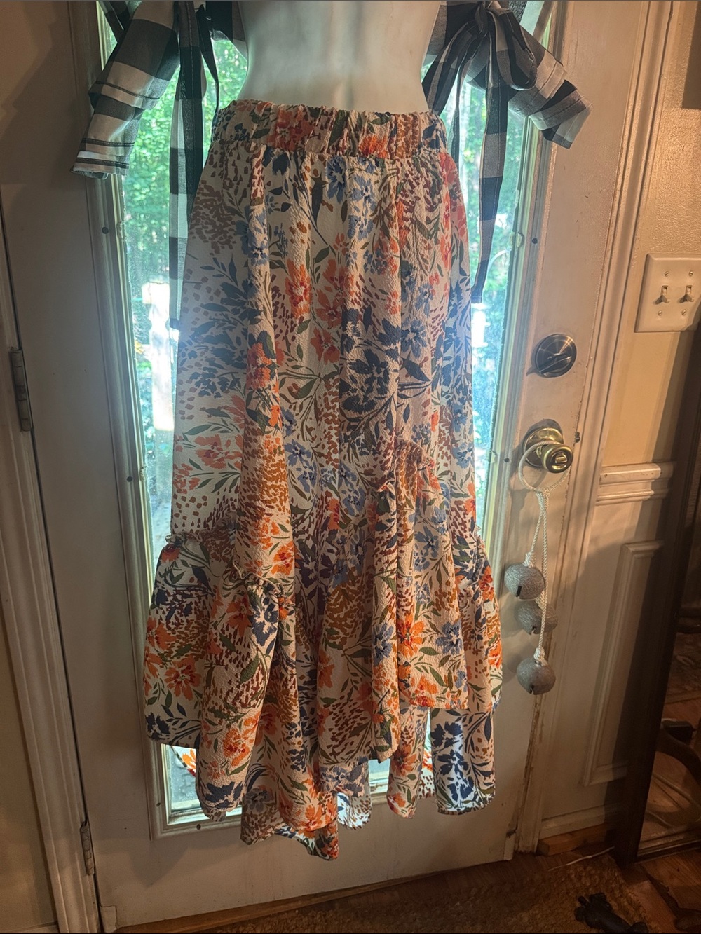 Floral High-Low Maxi Skirt in Cream with Blue & Orange Print with Pockets Small
